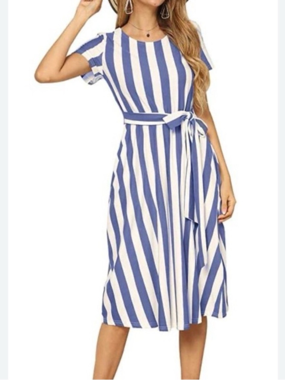 LEVACA Flowy Blue White Striped Nautical Beach Midi Dress Soft size Medium NEW